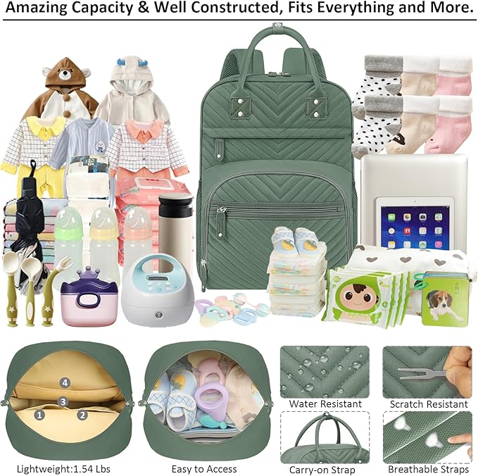 Diaper Bag Backpack Tote with Insulated Pockets for Men Baby Boys Girls Newborn Unisex Tactical Large Capacity, Multifunctional Waterproof Green