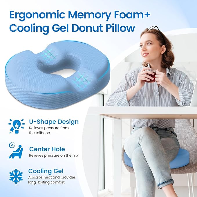 Donut Pillow Seat Cushion - Cooling Gel Outdoor Chair Cushions, Memory Foam Cushion for Office and Home, Car Seat and Patio Cushions, Hemorrhoids Pillow, Sciatica and Tailbone Pain Relief, Light Blue