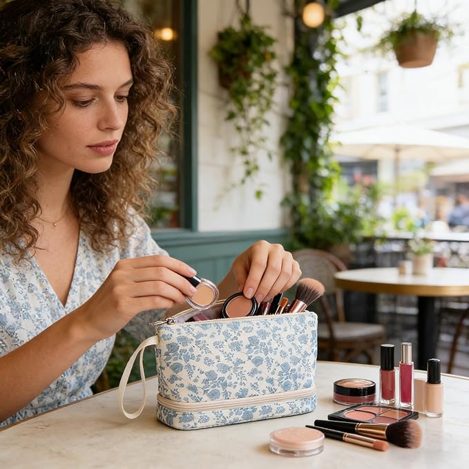 Ethereal Small Makeup Bag, 2 Layers Travel Make up Organizer Bag with Makeup Brush Holder, Portable Cosmetic Bag for Women/Girls, Blue Flower