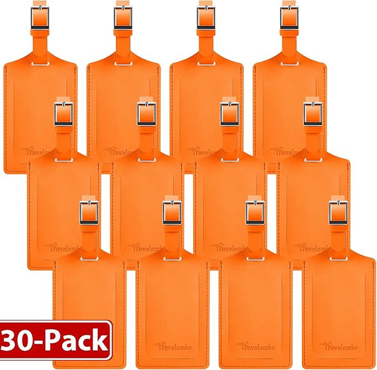 Travelambo 30 Pack Luggage Tags for Suitcases Privacy Protection Bag Tags Faux Leather Travel Accessories Essential, Hot Orange
