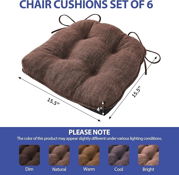 Chair Cushions for Dining Chairs Set of 6, Kitchen Chair Cushions, Chair Pads with Ties and Non Slip Backing, Tufted Memory Foam Seat Cushion 6 Pack, 15.5" x 15.5" x 4", Brown