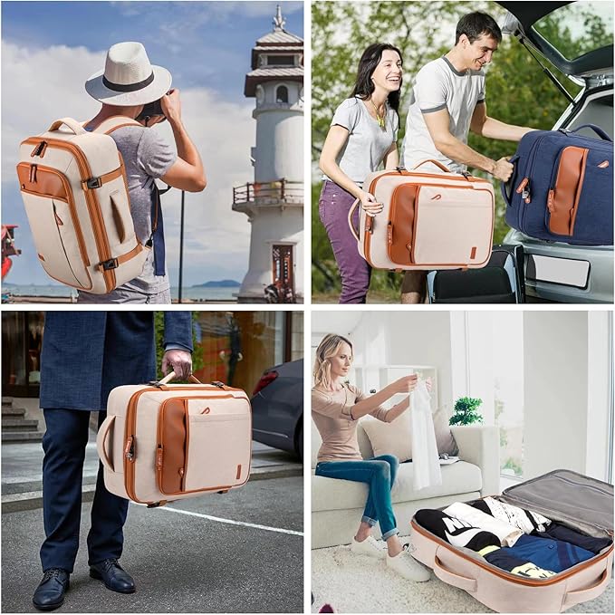 Lumesner Carry on Travel Backpacks, Extra Large 40L Flight Approved Bag for Men & Women,Expandable Suitcase Backpack With 4 Packing Cubes,Water Resistant Luggage Daypack Business Weekender Bag, Beige