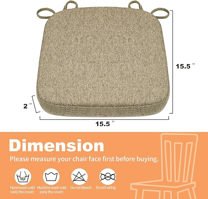 SINOSSO Memory Foam Chair Cushion for Folding Chair 1 Pcs, Thickened 2" Square Kitchen Chair Pad with Ties, Indoor Non-Slip Dining Chair Seat Cushion (1 Pcs, Linen)