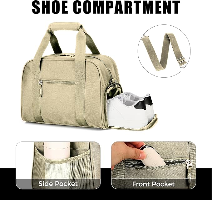 SeaRock 14 inch Small Gym Bag for Men & Women, Mini Duffle Bag with Shoe Compartment, Carry On Duffel Bag for Travel Sports, Khaki