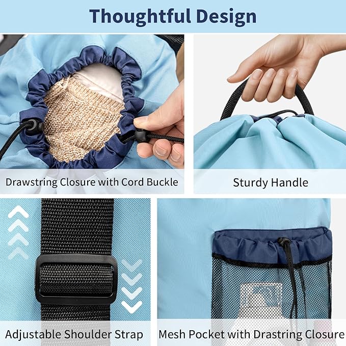150L Laundry Bag Backpack with 3 Sizes Mesh Wash Bags and Shoulder Straps Foldable Clothes Hamper Bag with Drawstring Closure for College, Apartment, Laundromat (Pale Blue)