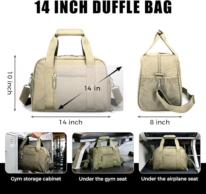 SeaRock 14 inch Small Gym Bag for Men & Women, Mini Duffle Bag with Shoe Compartment, Carry On Duffel Bag for Travel Sports, Khaki