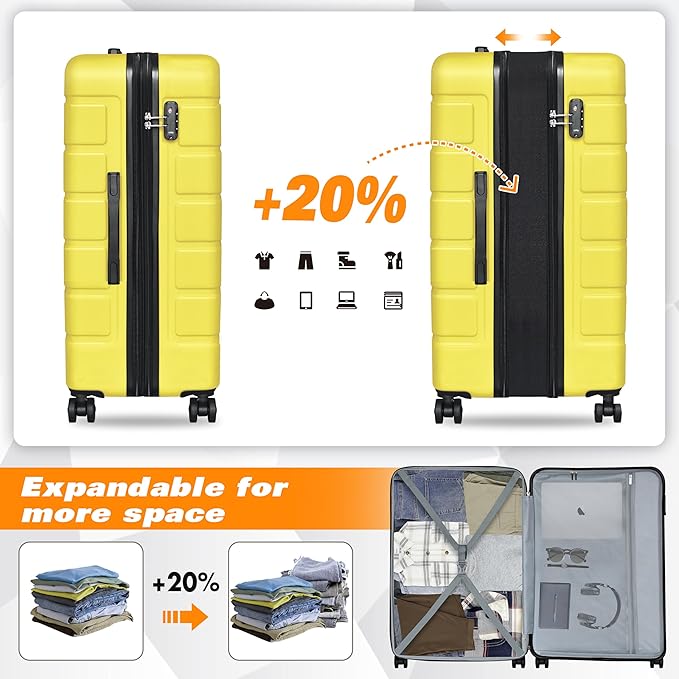 Explorer Luggage Set, Lightweight Hardside Suitcase, Expandable Carry-On Luggage with Travel Backpack & Cosmetic Makeup Bag, 5-Piece Set (20in/24in/28in), Yellow