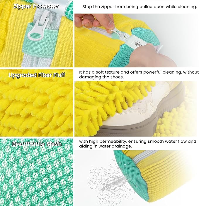 2Pcs Shoe Washing Machine Bag, Sneaker Laundry Bag for Washing Machine, Extra Long and Thick Microfibre Fluff, Reusable for Washer and Dryer (2pcs, Bright yellow Green)