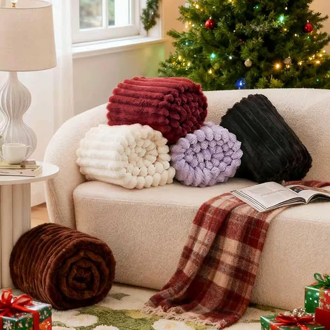 EXQ Home Fleece Throw Blanket for Couch or Bed - 3D Stripe Jacquard Decorative Blankets - Cozy Soft Lightweight Fuzzy Flannel Blanket Suitable for All Seasons(50"×60",Brown)
