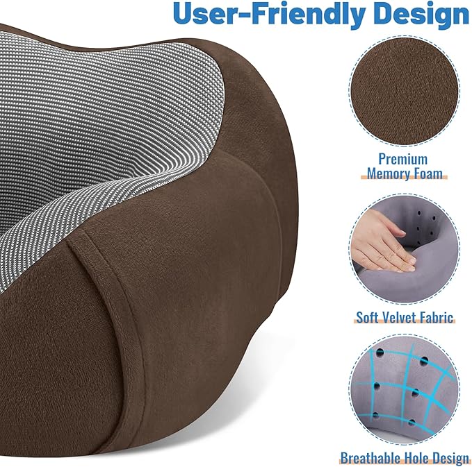 CloudBliss Travel Pillow Premium Memory Foam, Comfortable & Supportive Neck Pillow, Sleeping Neck Pillows for Travel, Airplane Pillow for Sleeping Airplane, Car, Office and Home（Brown）