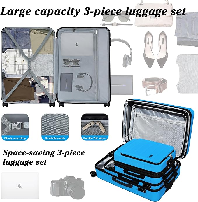 SmileLine 3-Piece Luggage Set Lightweight Hardside Suitcase TSA Lock Spinner Wheels, 20" Expandable Carry-On Luggage with Quick Access Front Open Pocket, Bonus Makeup Bag,Blue