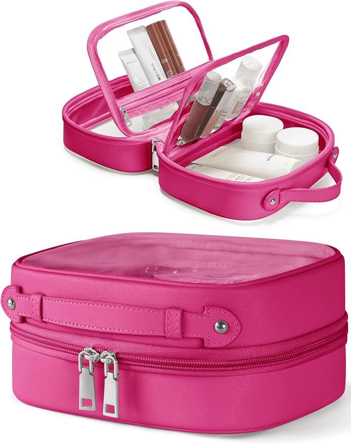 Clear Cosmetic Bag Double Layer Travel Toiletry Bag Clear Makeup Bag Case with 4 Compartments, Transparent Travel Bag for Toiletries, Large Toiletry Bag for Women Cosmetic Case (Hot Pink, Small)