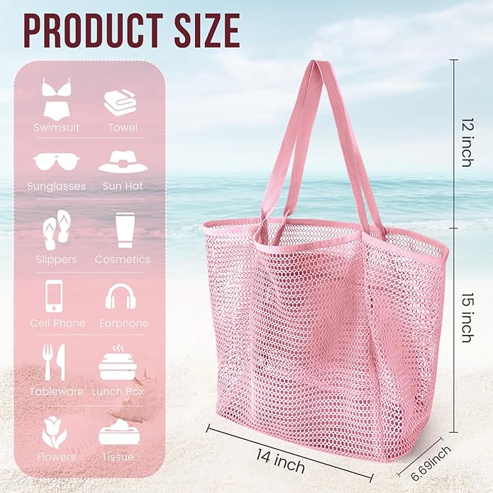 Beach Bags for Women, Summer Travel Mesh Tote Bag with Large Inner Pocket, Sandproof Woven Shoulder Handbag