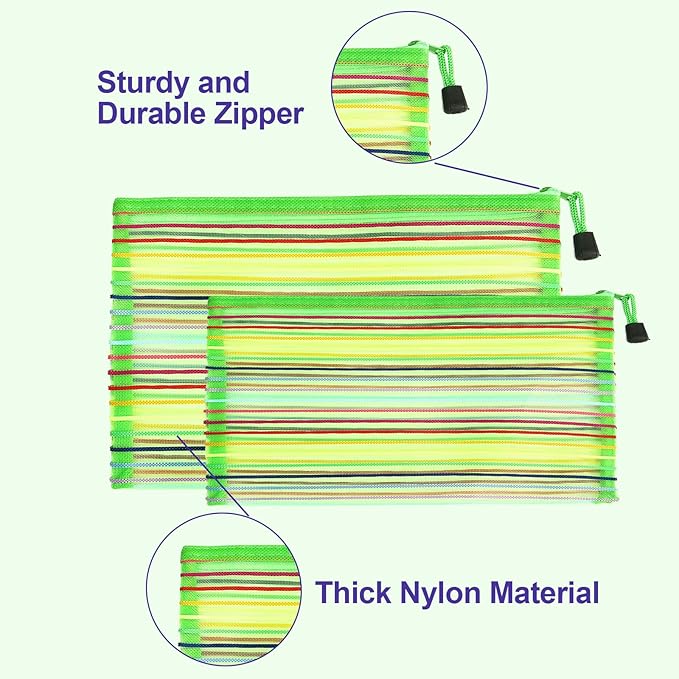 Mesh Bags with Zipper (6 Pack), Nylon Makeup Bag Cosmetic Pouches Travel Organizer Case for Purse Diaper Bag Home Organizing Striped Multi Size Green