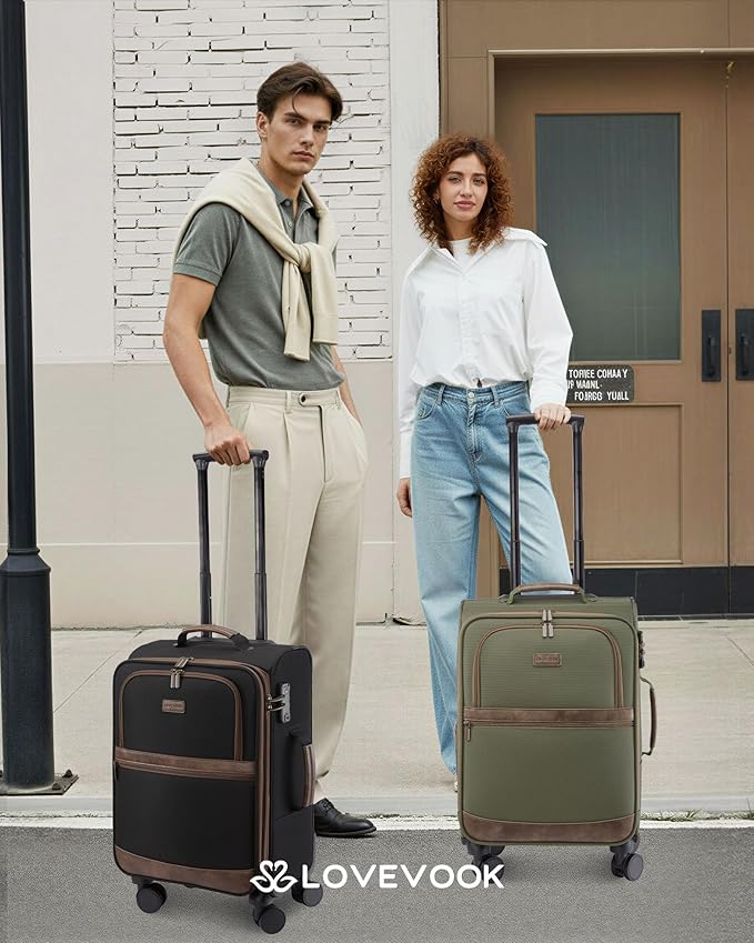 LOVEVOOK Carry On Luggage 22x14x9 Airline Approved,20 Inch Suitcases with Spinner Wheels,Softside Carry-on Suitcase with TSA Lock for Men Women Business Trip Weekender Travel,Green&Brown