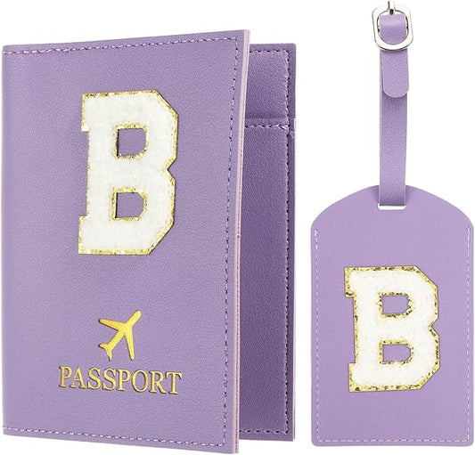 PATIKIL Passport Holder for Travel, Initial Passport Cover and Luggage Tag Set with Alphabet Chenille Letter Patch Travel Wallet Bag Suitcase Identifier for Women Family Travel Purple B