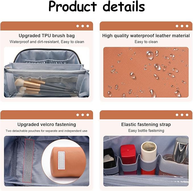 BOYATU Travel Makeup Bag Organizer Cosmetic Bag: 3 Pcs Set Make up Bags for Women with Handle - Waterproof Vegan Leather Toiletry Bags Travel Essentials Pouch with Compartments (C-02-Brown)