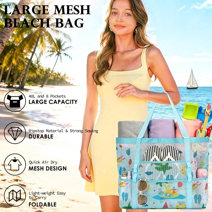 Fammart Mesh Beach Bag, Large Beach Tote with Zipper Pocket, Toys Pool Bag for Family Travel Vacation Cruise Essentials