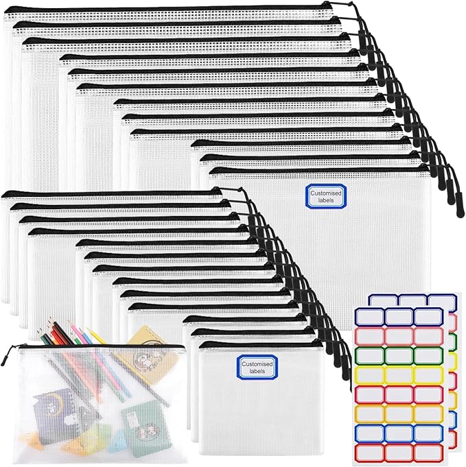 YOPCDJ 25pcs Multisize Mesh Zipper Pouch Bags, Waterproof Zipper Bag, 8 Sizes Waterproof Plastic Document Pouch, Bags for Travel Storage, Office Supply and Home Organize