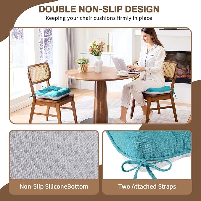 BETU Chair Cushions for Dining Chairs Set of 4,3.5" Thick Kitchen Table Chair Pads with Ties,Non Slip Backing and Covers, Seat Cushion for Dining Room,Bar,Patio Chairs,16"X16"X3.5",Teal