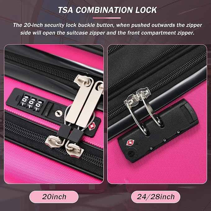Merax Luggage Sets 5 Piece, Hardside 20" Half-opening Carry On Suitcase Set with USB Port,Lightweight Travel 24" 28" Luggage with Bags TSA Locks Double Spinner Wheels,Pink