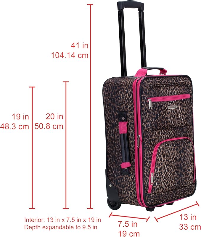 Rockland Fashion Softside Upright Luggage Set, Expandable,Lightweight,Telescopic Handle,Wheel, Pink Leopard, 2-Piece (14/19)