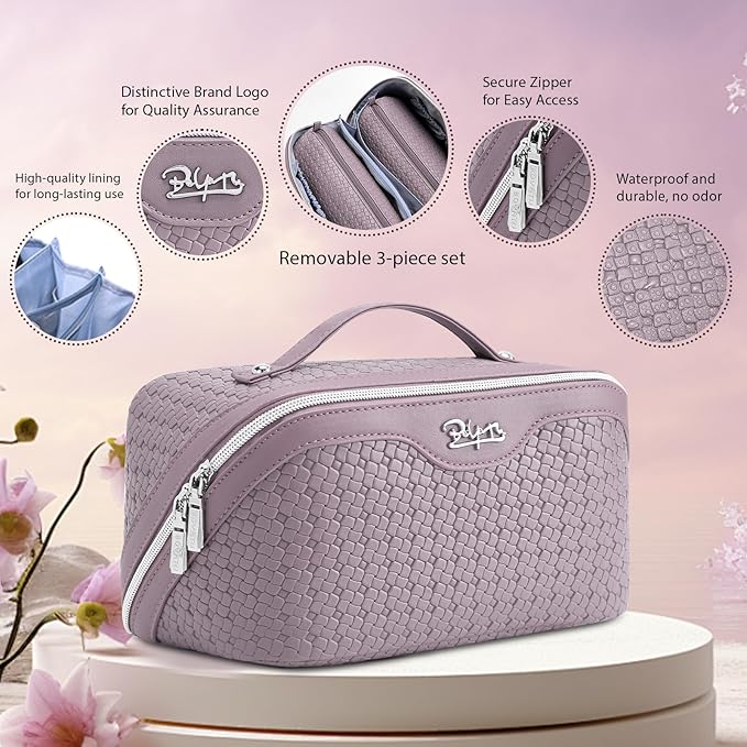 BOYATU Travel Makeup Bag Cosmetic Bags for Women: Large Capacity 3 Pcs Set Make up Bag with Compartments - Waterproof Vegan Leather Toiletry Organizer Bags with Handle (L55Light Purple)