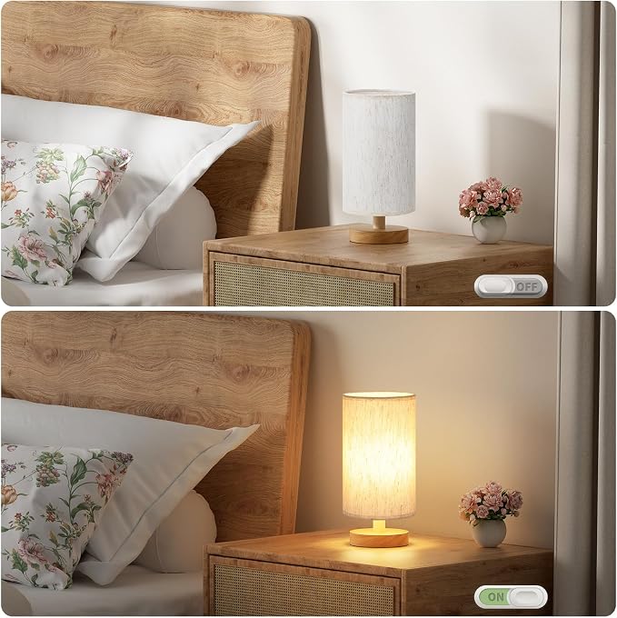 9" Small Table Lamp for Bedroom - Inline Control with 3000K Blub | Cream Shade and Wood Base | 680 Lumens | Easy Assembly | Minimalist Design | E26 | for Kitchen | for Kids Room