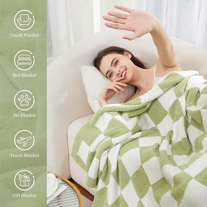 SeaRoomy Checkered Blanket, Ultra Soft Knitted Blanket Queen Size, Warm Cozy Fluffy Microfiber Reversible Checkerboard Bed Throw for All Seasons Sage Green Decor(Sage Green, 90"×90")