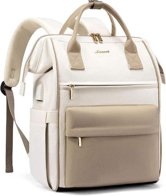 LOVEVOOK Laptop Backpack for Women 15.6 Inch, Travel Backpack with USB Charging Port Large Capacity Laptop Bag, Waterproof Bag for Business College Airline Approved Work Backpack(Beige)