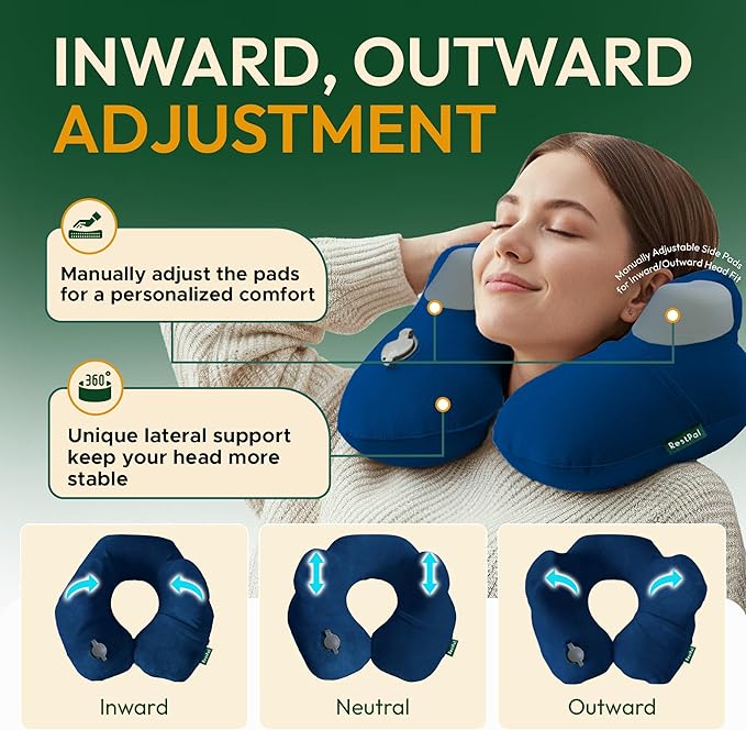 Inflatable Travel Neck Pillow with Adjustable Memory Foam Sides | Lightweight, Soft & Portable Support (Navy Blue, Standard)