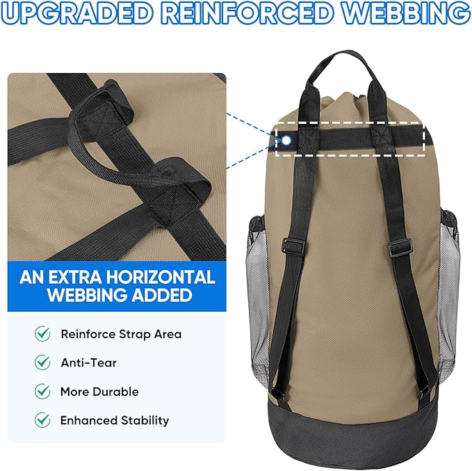 BALEINE 150L Laundry Bag Backpack, 900D Oxford Fabric Large Travel Laundry Bags with Shoulder Straps and 2 Mesh Pockets for College Dorm, Apartment, Laundromat (Khaki, 150L)