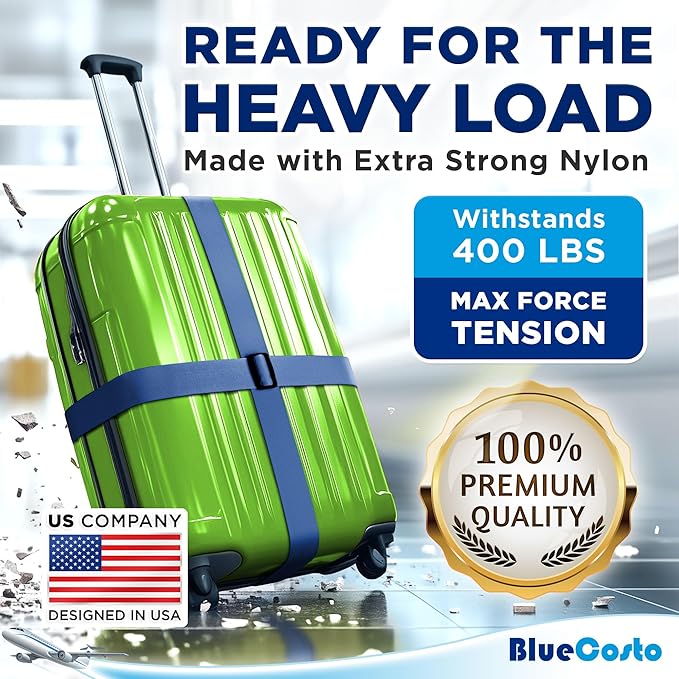 Luggage Straps for Suitcases - TSA Approved - Navy Blue, 4 PK - Premium Nylon Belts for Suitcase, Briefcase & Travel Bag - Adjustable Strap Length 46" - 78"