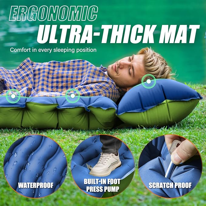 Camping Sleeping Pad,with Foot Pump and Pillow – Ultralight Compact Sleeping Mat for Backpacking, Hiking, Tent – Portable Single Inflatable Mattress for Outdoor
