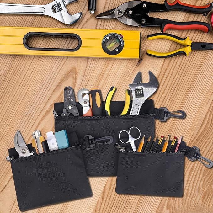 QCWN 3 Pack Small Zipper Tool Pouch Bags Heavy Duty 600D Oxford Waterproof Multipurpose Organizer For Tools Electronics Stationery Pencil Case With Carabiner Clip For Men Black