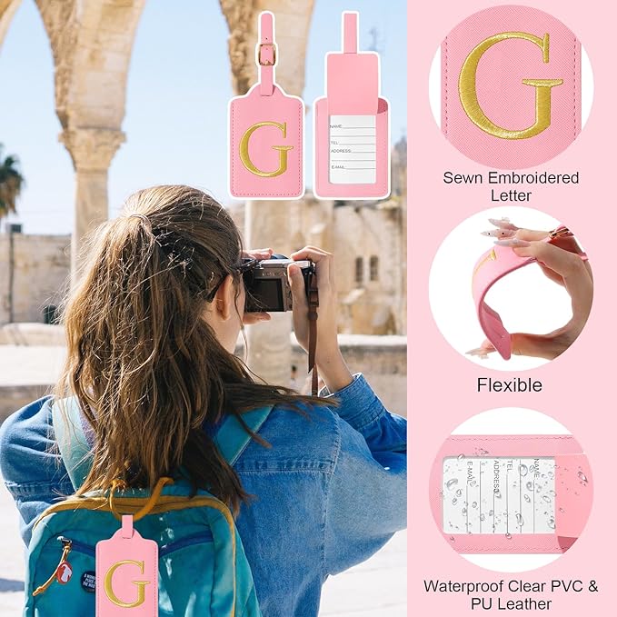 Initial Luggage Tags for Suitcases, Cute Embroidered Letter Luggage Bag Suitcase Identifier Name Baggage Tag, PU Leather Travel Luggage Tags, Bag Tags for Men Women Kids Luggage Handbags(Pink G)