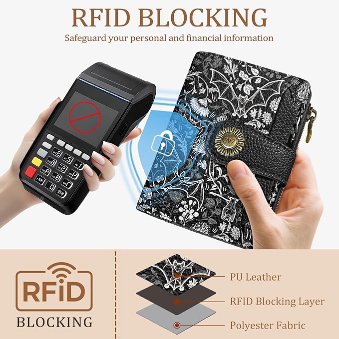 Icycay Goth Gothic Bat Small Wallet Women RFID Blocking Bifold, Credit Card Holder, Zipper Coin Pocket, PU Leather, Funny, Compact, Travel, 4 ID Window, 14 Card Slots, Cash Purse, Ladies Woman Female