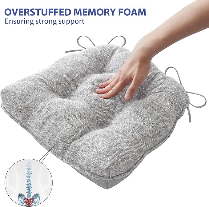 Chair Cushions for Dining Chairs Set of 6, Kitchen Chair Cushions, Chair Pads with Ties and Non Slip Backing, Tufted Memory Foam Seat Cushion 6 Pack, 15.5" x 15.5" x 4", Light Gray