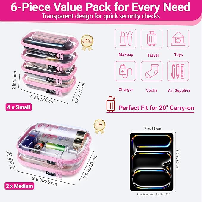 YQBRAO 6 Pack Clear Hard Shell Zipper Case, Hard Plastic Organizer Pouches for Travel, Small Items, Makeup, Electronics & Art Supplies - Crush-Resistant & Waterproof Storage (Pink)