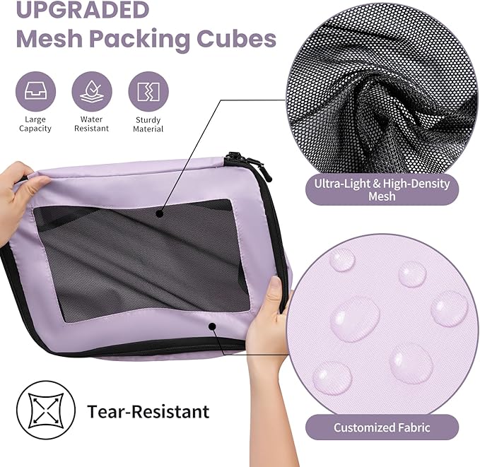 Mesh Packing Cubes for Travel, Durable Luggage Organizer with Sturdy Material and Double Zippers, Comprehensive Set for Travel Accessories Storage, 8 set, purple