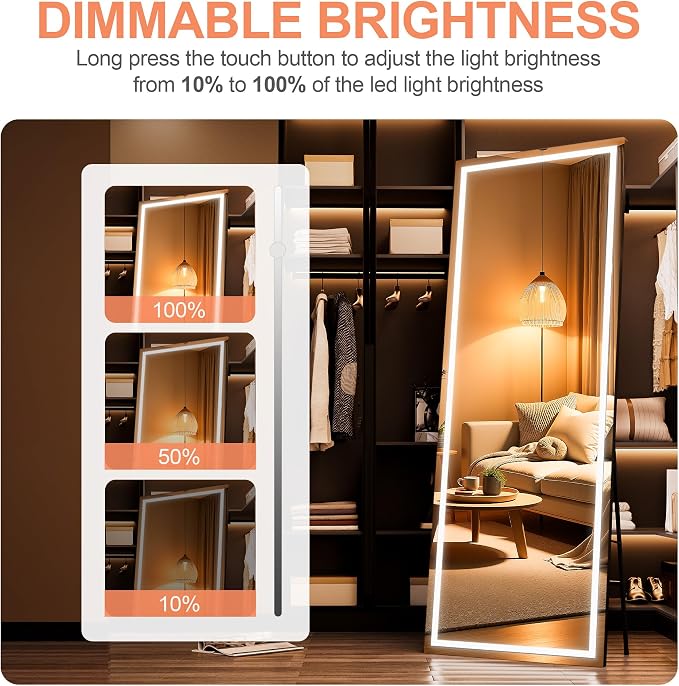 79" x 32" Full Length Mirror with Lights, Large LED Lighted Floor Standing Body Mirror, Dimmable & 3 Color Lighting for Bedroom, Cloakroom, Dressing Room, Tempered Glass, Black Frame