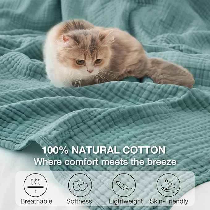 100% Cotton Muslin Blanket King 108" x 90", 6 Layers Breathable and Lightweight Cotton Throw Blanket for Bed, Soft Quilt Bedspread Coverlet, Gauze Blanket for Adults All Season, Teal