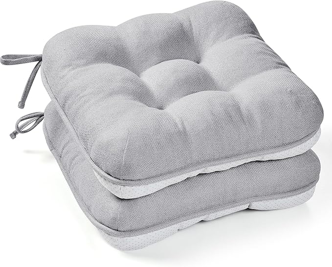 BETU Chair Cushions for Dining Chairs Set of 2,3.5" Thick Kitchen Table Chair Pads with Ties,Non Slip Backing and Covers, Seat Cushion for Dining Room,Bar,Patio Chairs,16"X16"X3.5",Light Grey