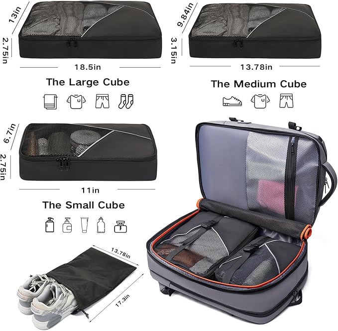 TANGCORLE Laptop Backpack for Women, 50L Carry On Backpack Men, Expandable Flight Approved Water Resistant Luggage with 3 Packing Cubes & USB Port, Travel Backpack Fits 17.3 Inch Notebook