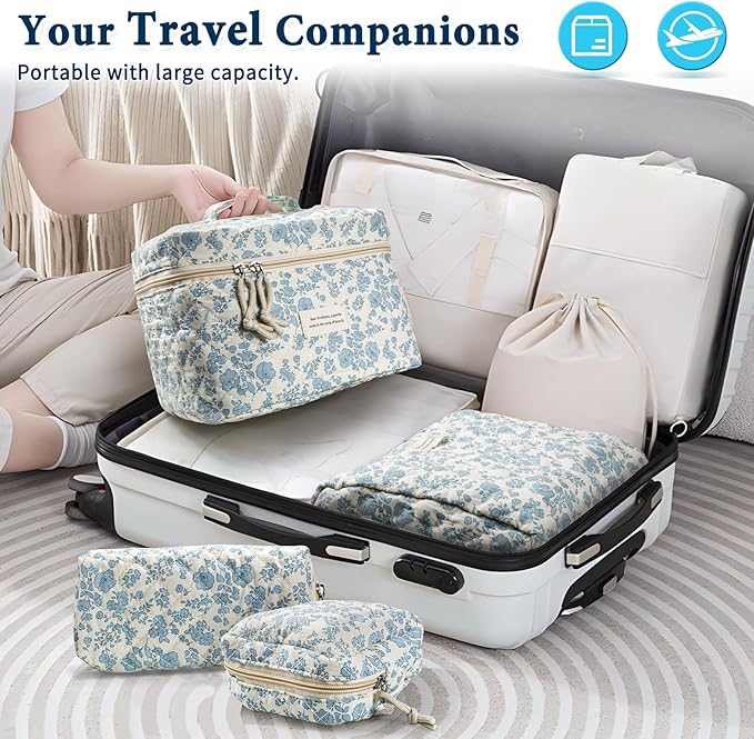 Cute Makeup Bag for Women(2 Pcs), Travel Cosmetic Bags, Quilted Coquette Aesthetic Floral Toiletry Organizer Bag (46 - Sky Blue/4Pcs)