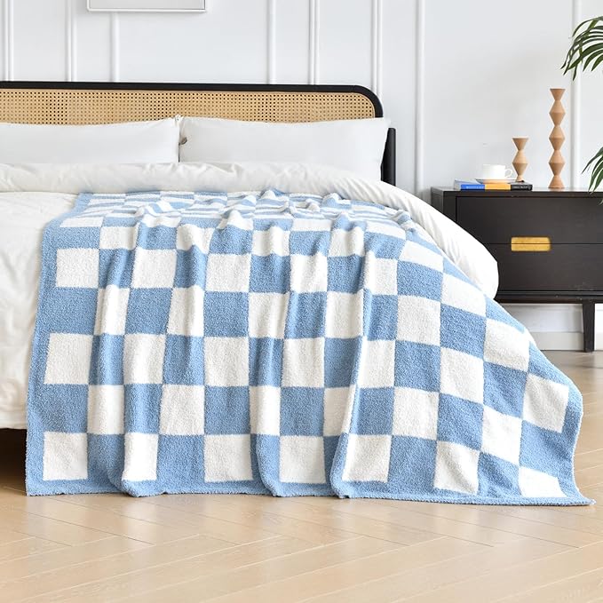 Checkered Blanket, Cozy Soft Throw Blankets for Couch Bed, Fluffy Plaid Lightweight Comfy Travel Picnic Blanket Gifts for Sofa Chair Living Room Camping (Blue, Throw 50"x60")
