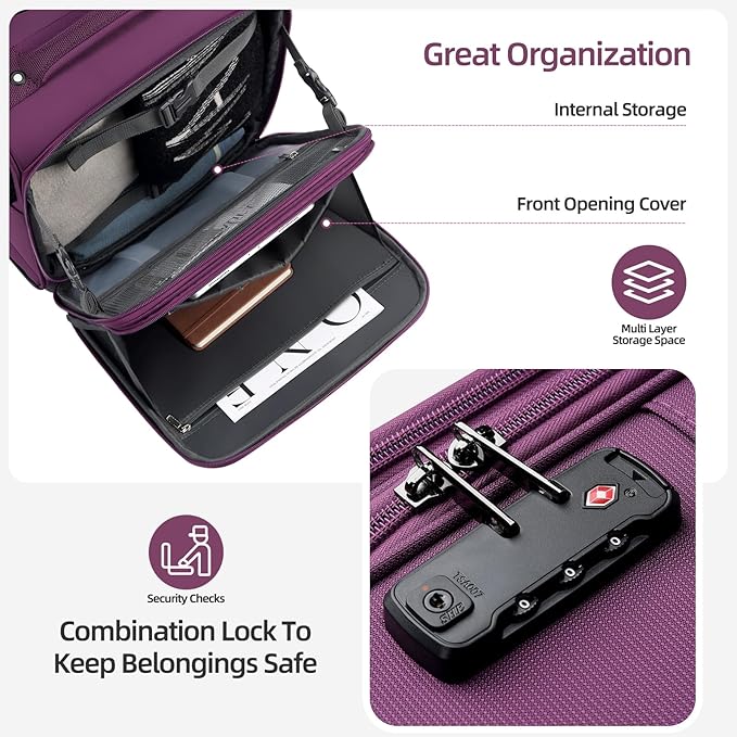 Underseater Carry-On Luggage Airline Approved with Spinner Wheels, 16 Inch Luggage with TSA Lock, Overnight Rolling Softside Suitcases for Women,Purple