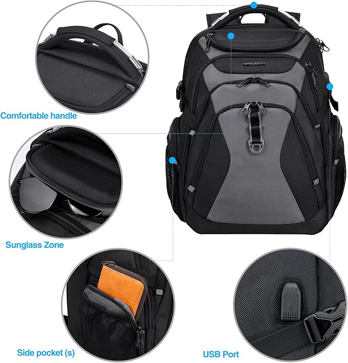 KROSER Travel Laptop Backpack 18.4 Inch XXXL Gaming Backpack with Hard Shell Saferoom RFID Pockets Water-Repellent Business College Daypack Stylish Laptop Bag for Men/Women-Black Grey