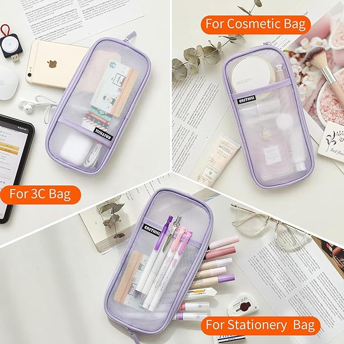 EASTHILL Grid Mesh Pen Pencil Case with Zipper Clear Makeup Color Pouch Cosmetics Bag Multi-Purpose Travel School Teen Girls Transparent Stationary Bag Office Organizer Box for Adluts(Purple)