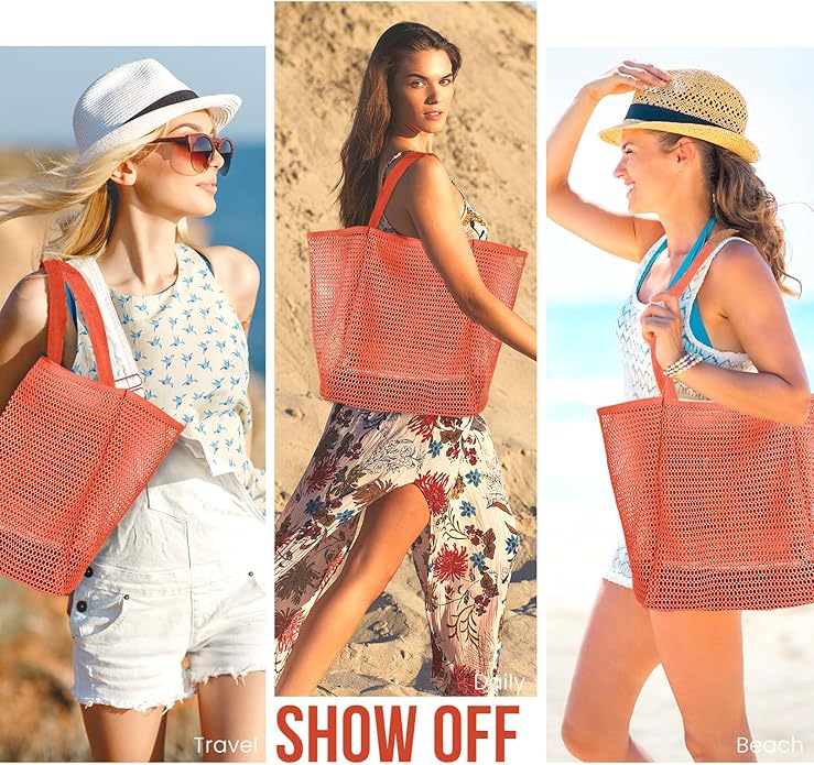 Beach Bags for Women, Summer Travel Mesh Tote Bag with Large Inner Pocket, Sandproof Woven Shoulder Handbag